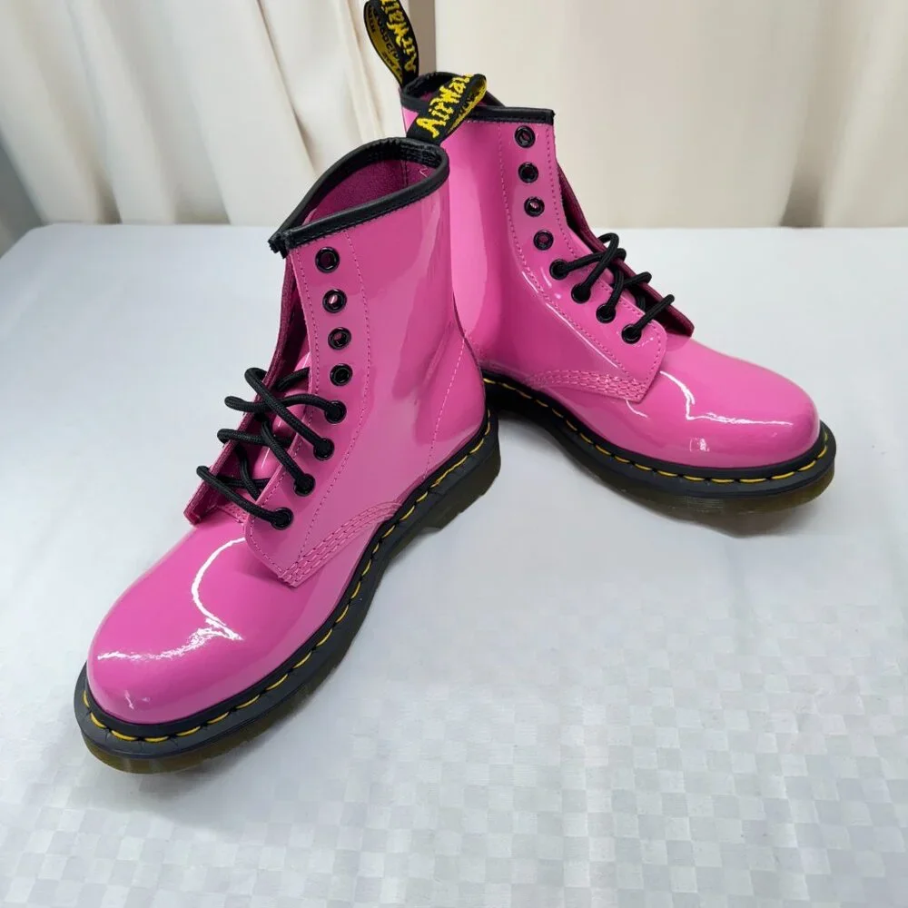 Dr. Martens 1460 Women's Patent Leather Lace Up Boots in Thrift Pink - Picture 6 of 13